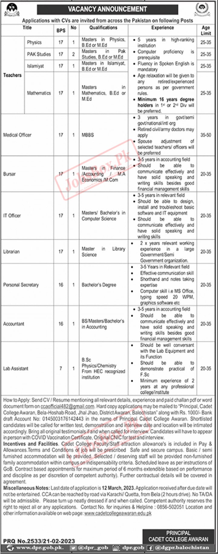 Cadet College Awaran Jobs 2023 for Pakistanis Online CVs