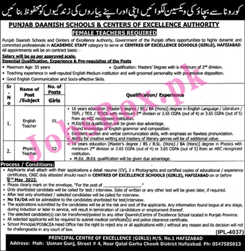Centers of Excellence Schools Girls Hafizabad Jobs 2022