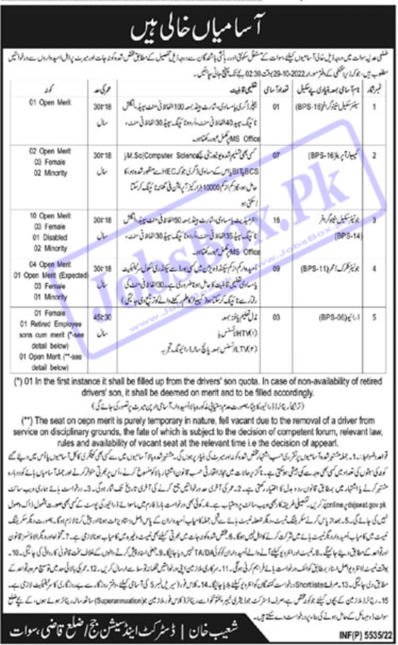 District and Session Courts Swat Jobs 2022 for Swat Residents