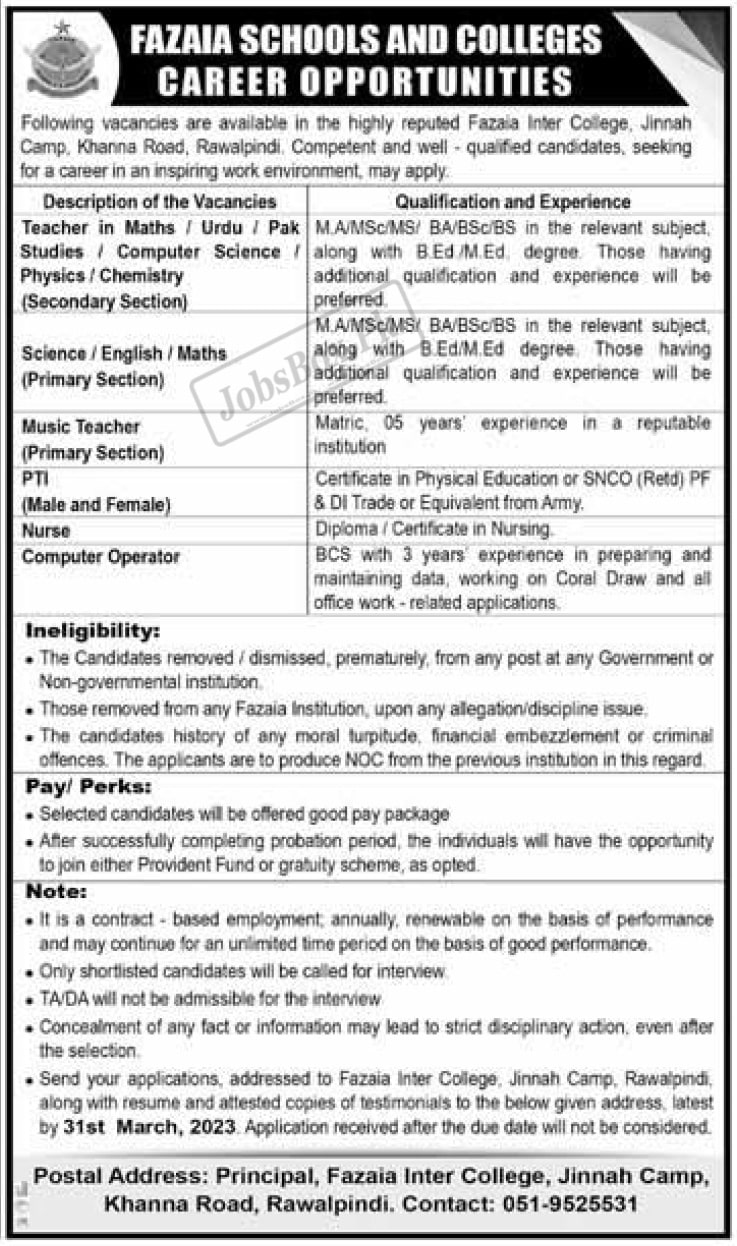 Fazaia Inter College Jinnah Campus Rawalpindi Jobs 2023 - PAF College Jobs