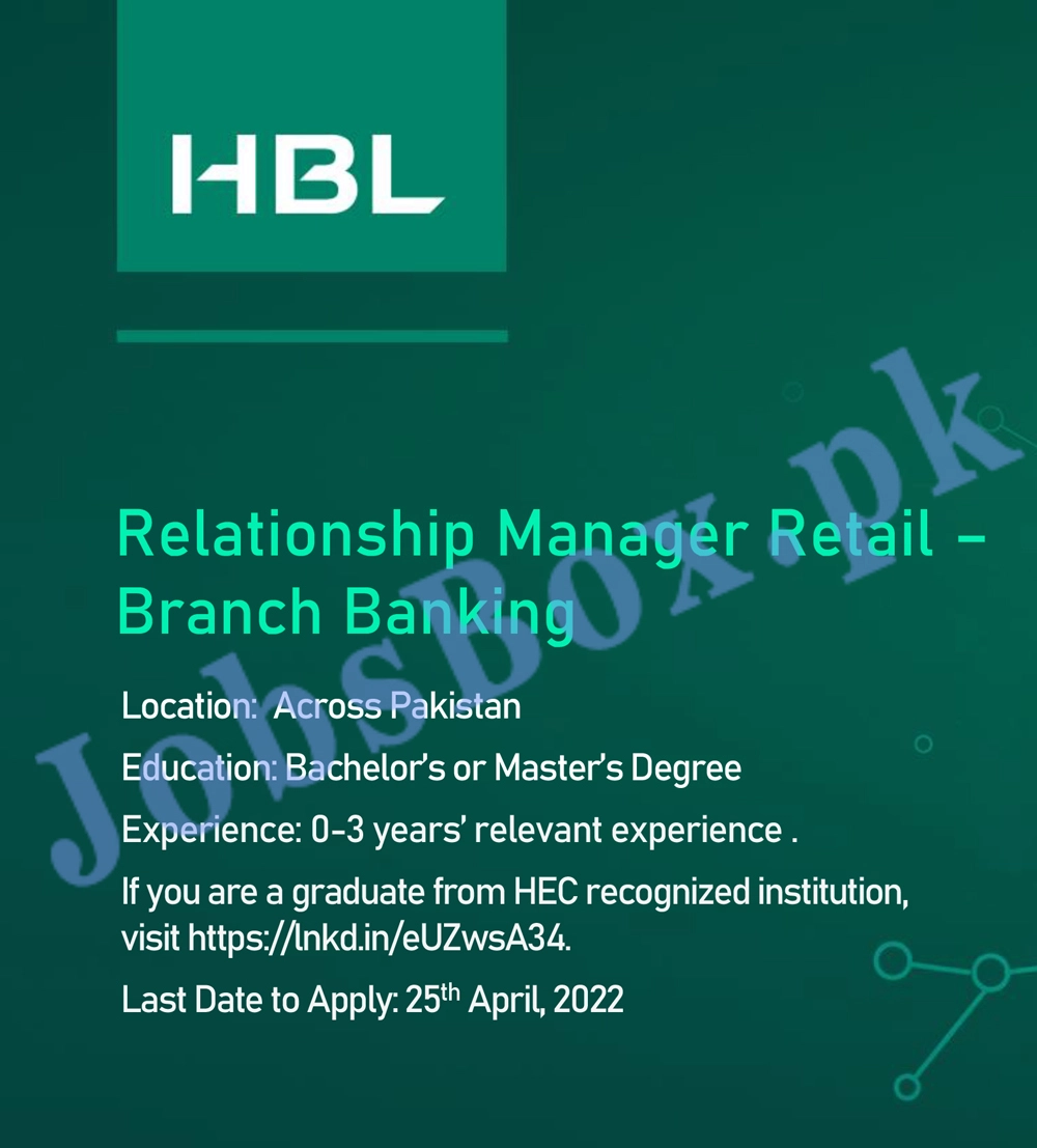 HBL Jobs for Relationship Manager Retail across Pakistan