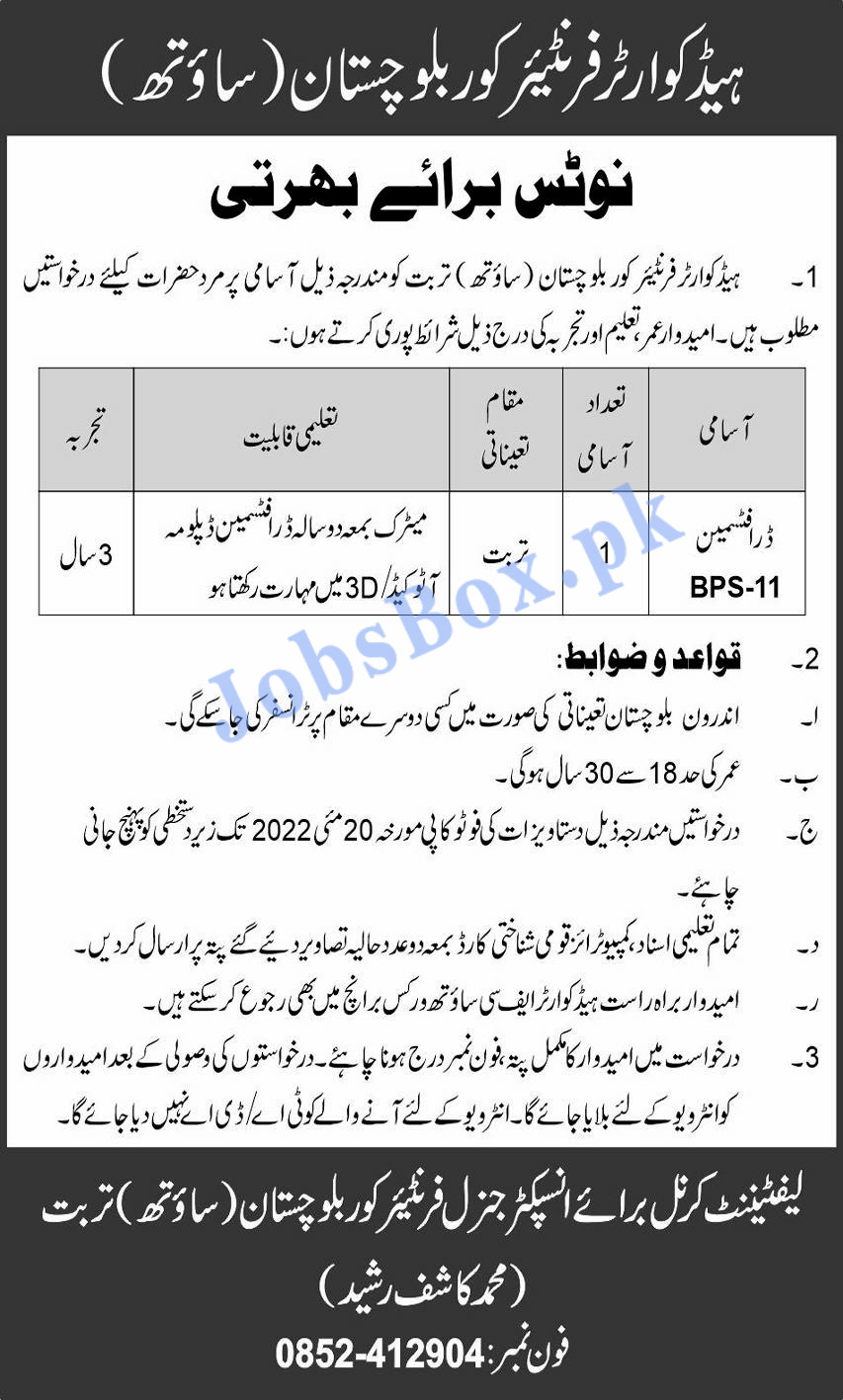 Headquarters Frontier Corps Balochistan South Jobs 2022