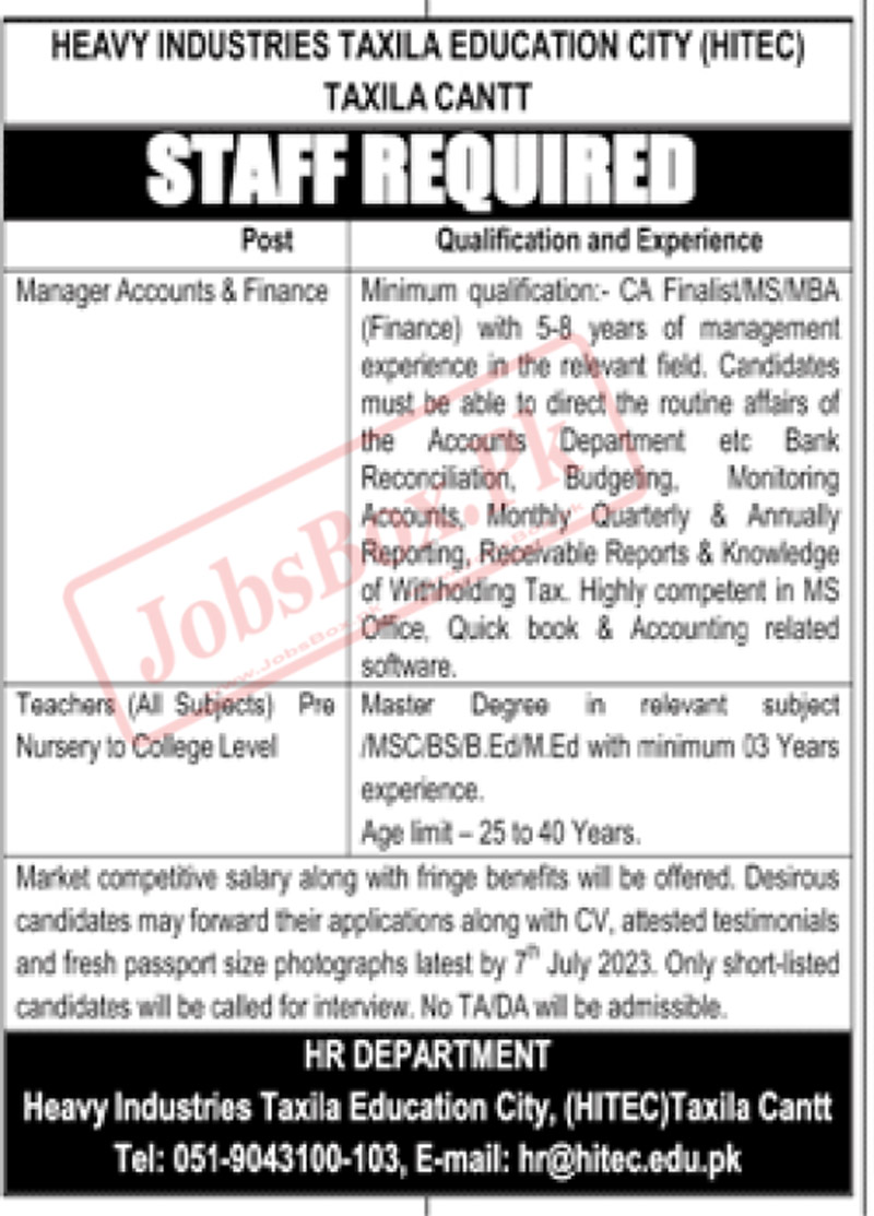 Heavy Industries Taxila Education City HITEC Jobs 2023