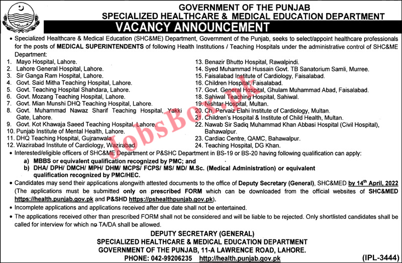 Medical Superintendents Jobs 2022 in Punjab