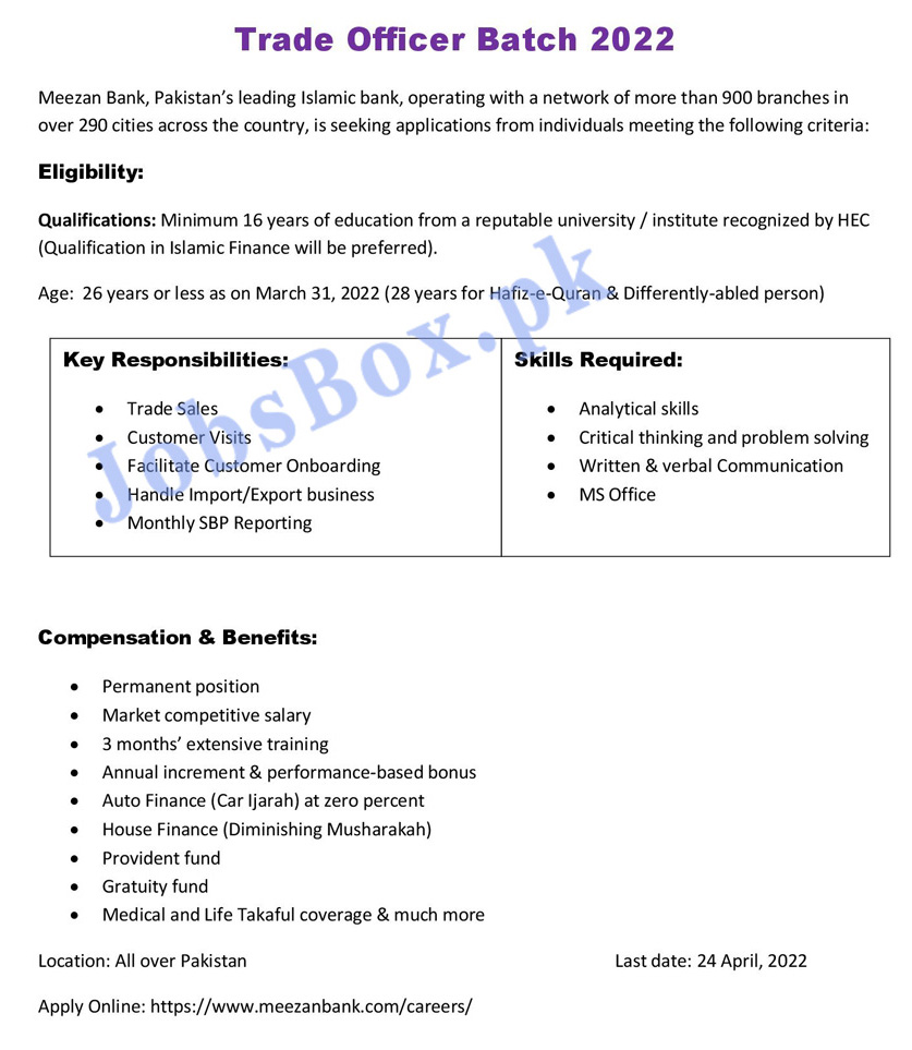 Meezan Bank Trade Officer Jobs April 2022 Online Form Latest