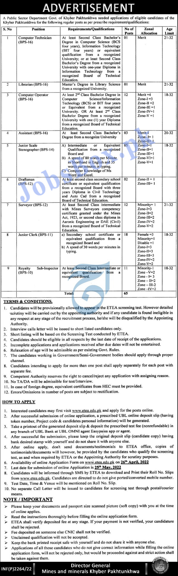 Mines and Minerals Department KPK Jobs 2022 Online Form at ETEA