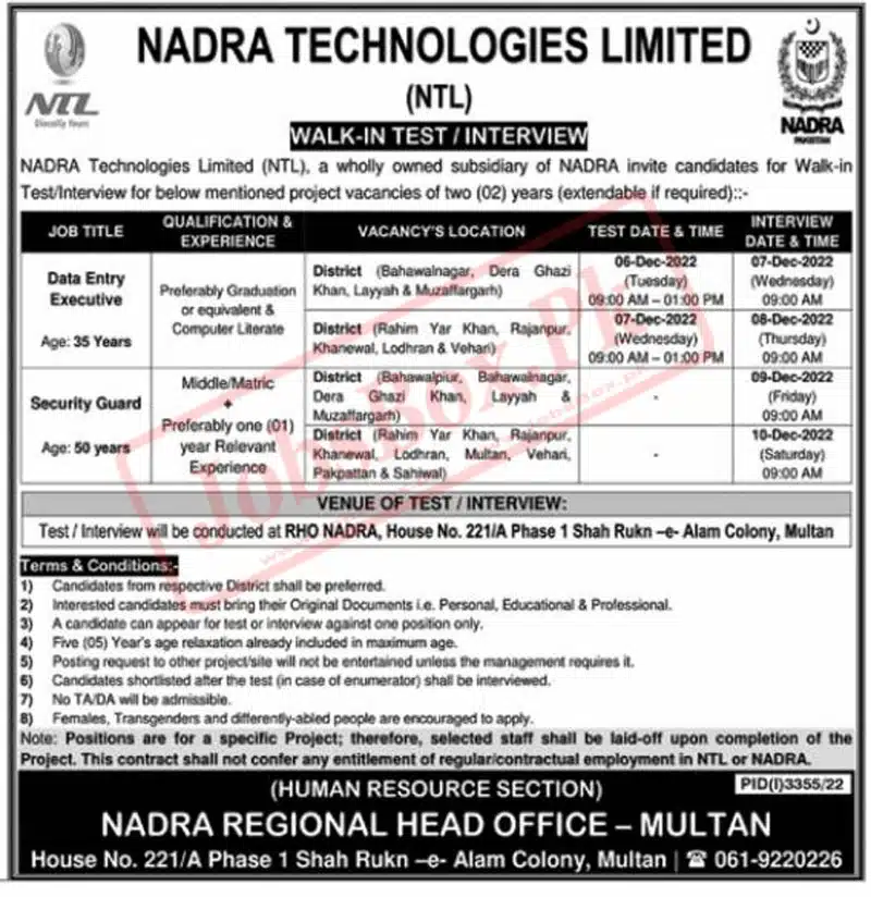 NADRA Regional Head Office Multan Jobs 2022 - Interview Schedule