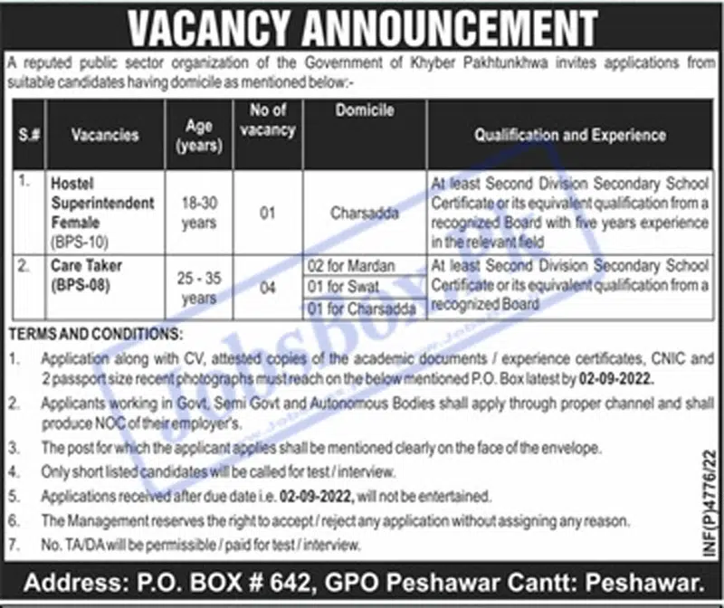 PO Box 642 Peshawar Jobs 2022 for Male and Females