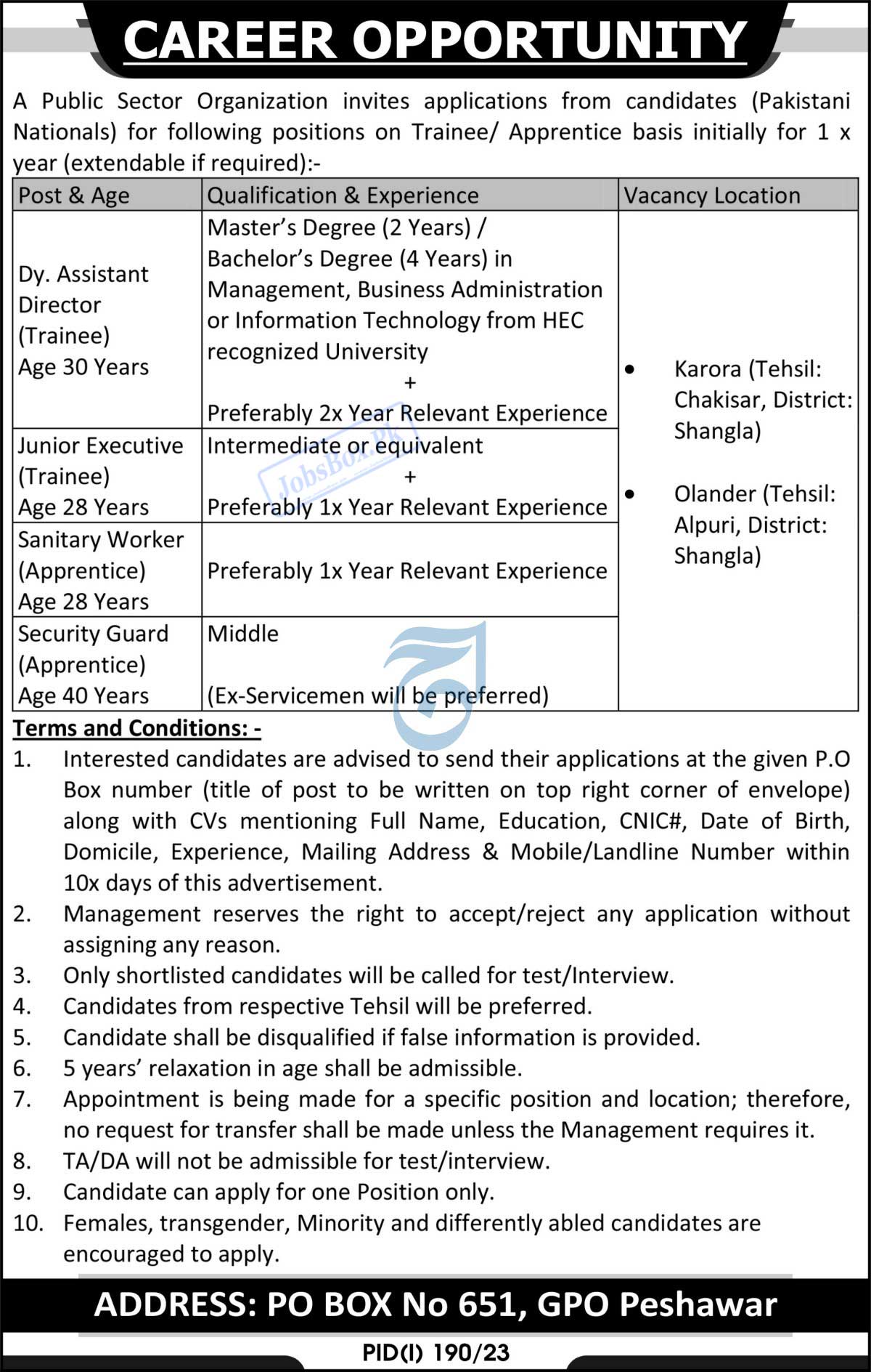 PO Box 651 Peshawar Govt Jobs 2023 in Khyber Pakhtunkhwa