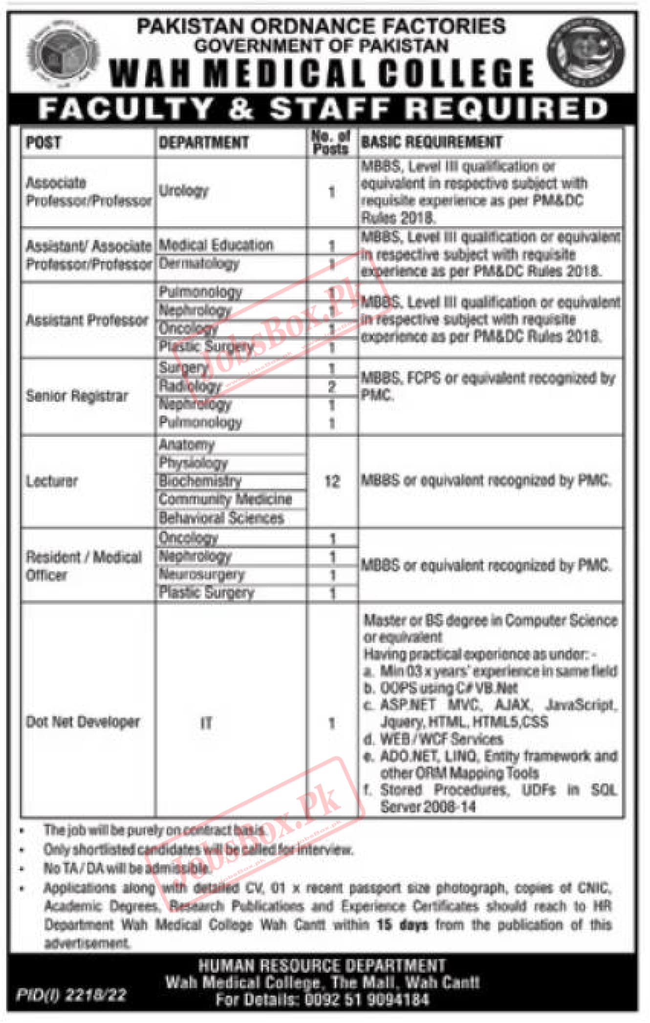 POF Wah Medical College Jobs October 2022