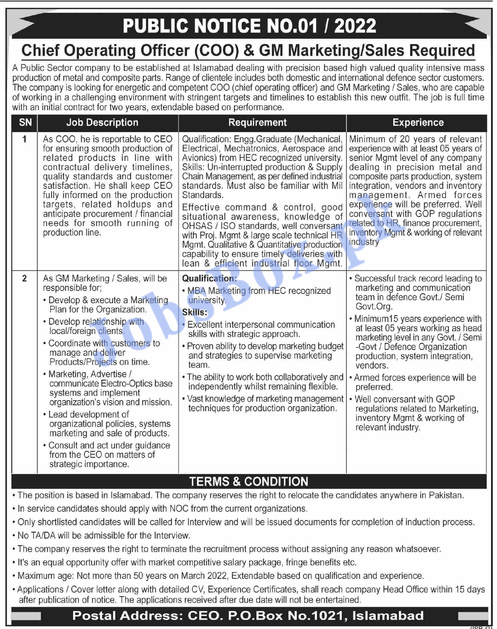 Public Sector Company PO Box 1021 Islamabad Jobs 2022
