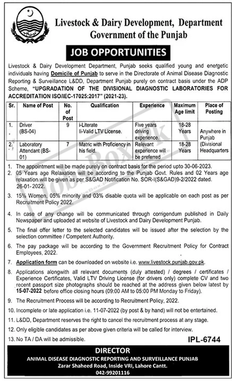Punjab Livestock & Dairy Development Department Jobs 2022 Application Form Download from Livestock Punjab website