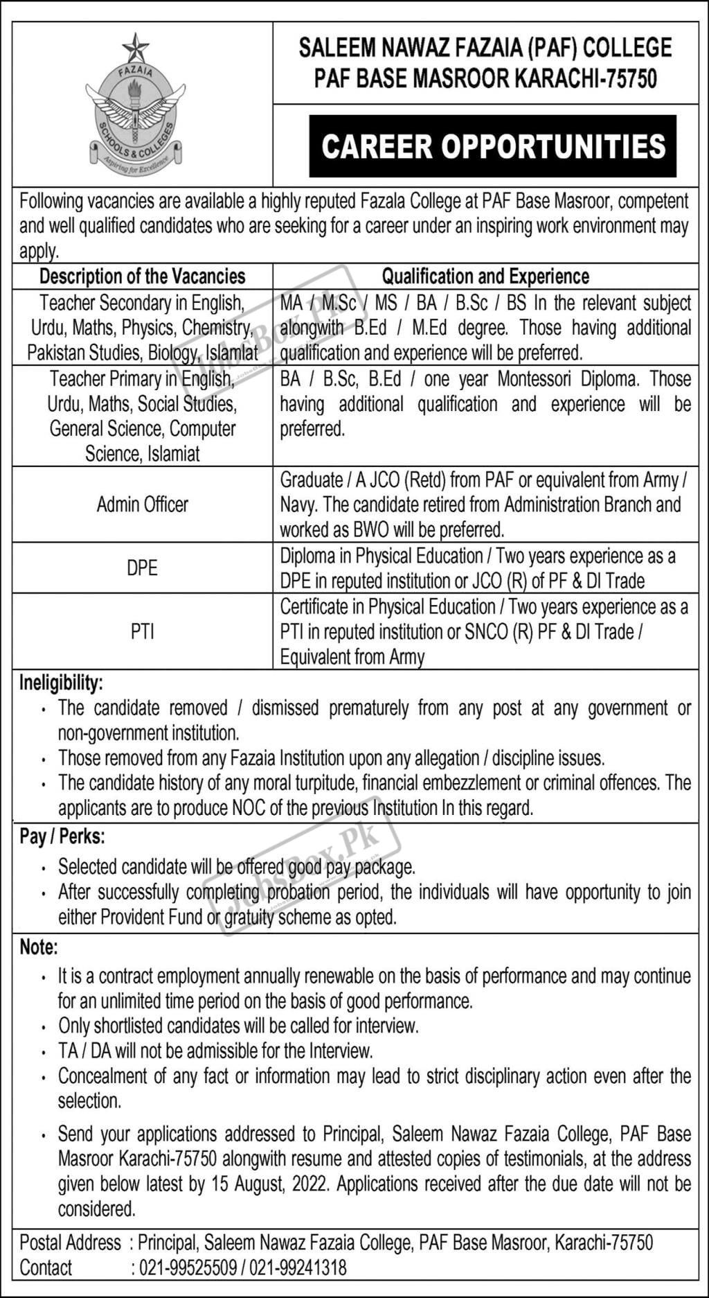 Saleem Nawaz Fazaia College PAF Base Masroor Karachi Jobs 2022 New