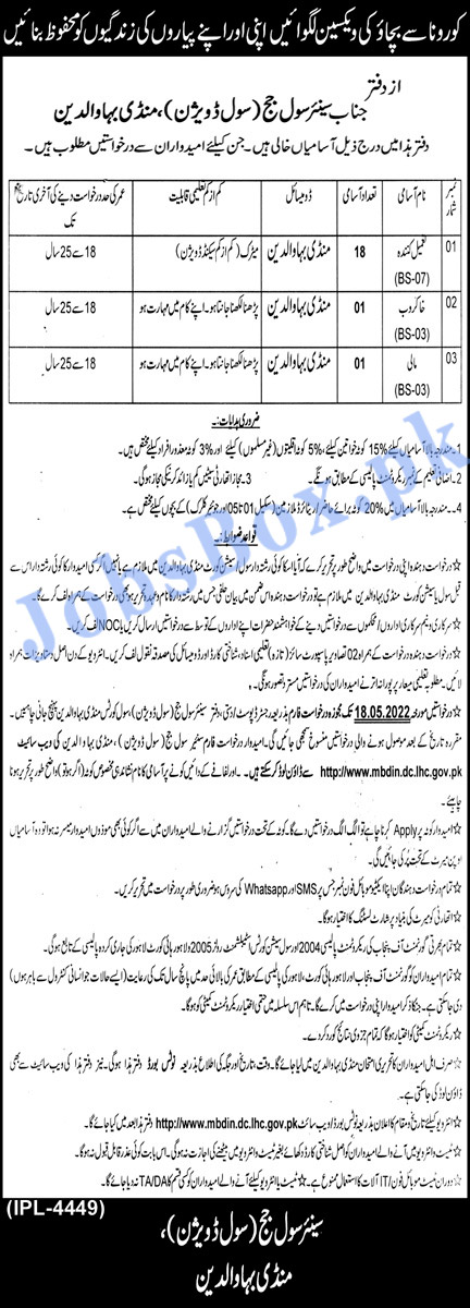 Senior Civil Judge Office Mandi Bahauddin Jobs 2022 Online Form