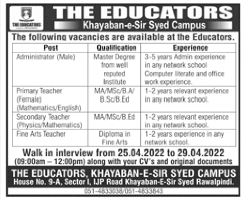 The Educators Khayaban e Sir Syed Campus Rawalpindi Jobs 2022