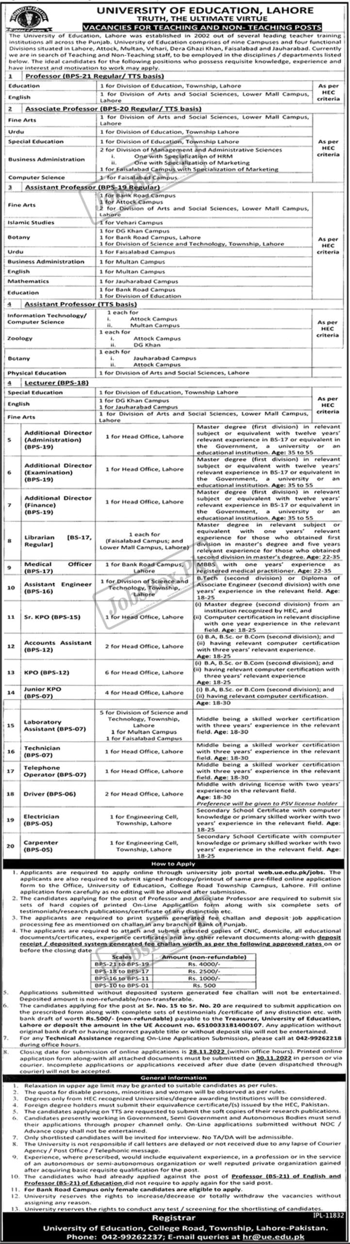 University of Education UE Lahore Jobs 2022 Online Form Download