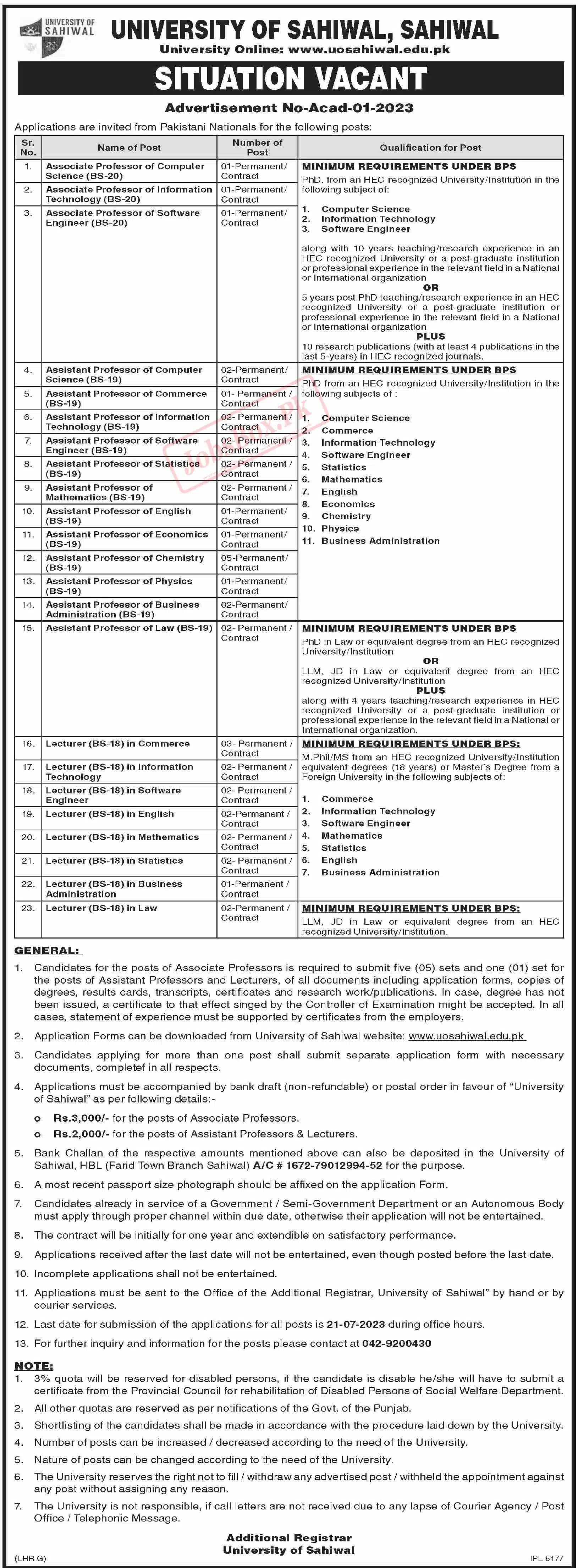 University of Sahiwal Jobs 2023 - Application Form via uosahiwal.edu.pk