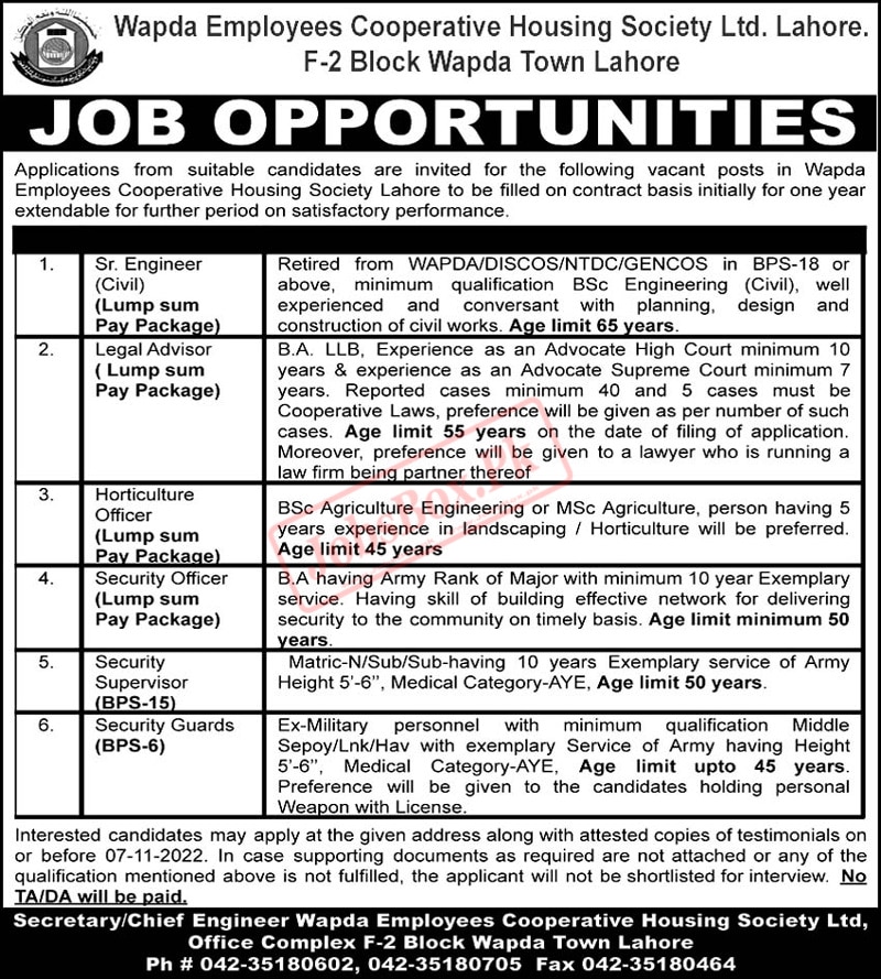 Wapda Employees Cooperative Housing Society Lahore Jobs 2022 Latest