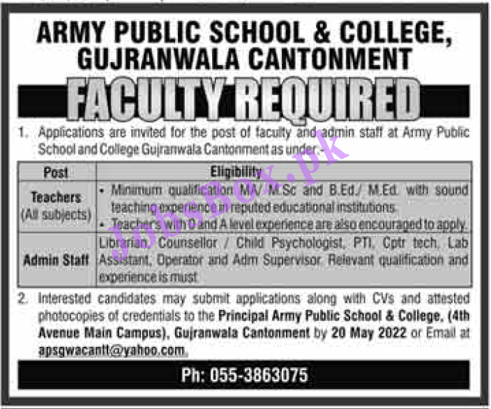 Army Public School & College Gujranwala Jobs 2022 May