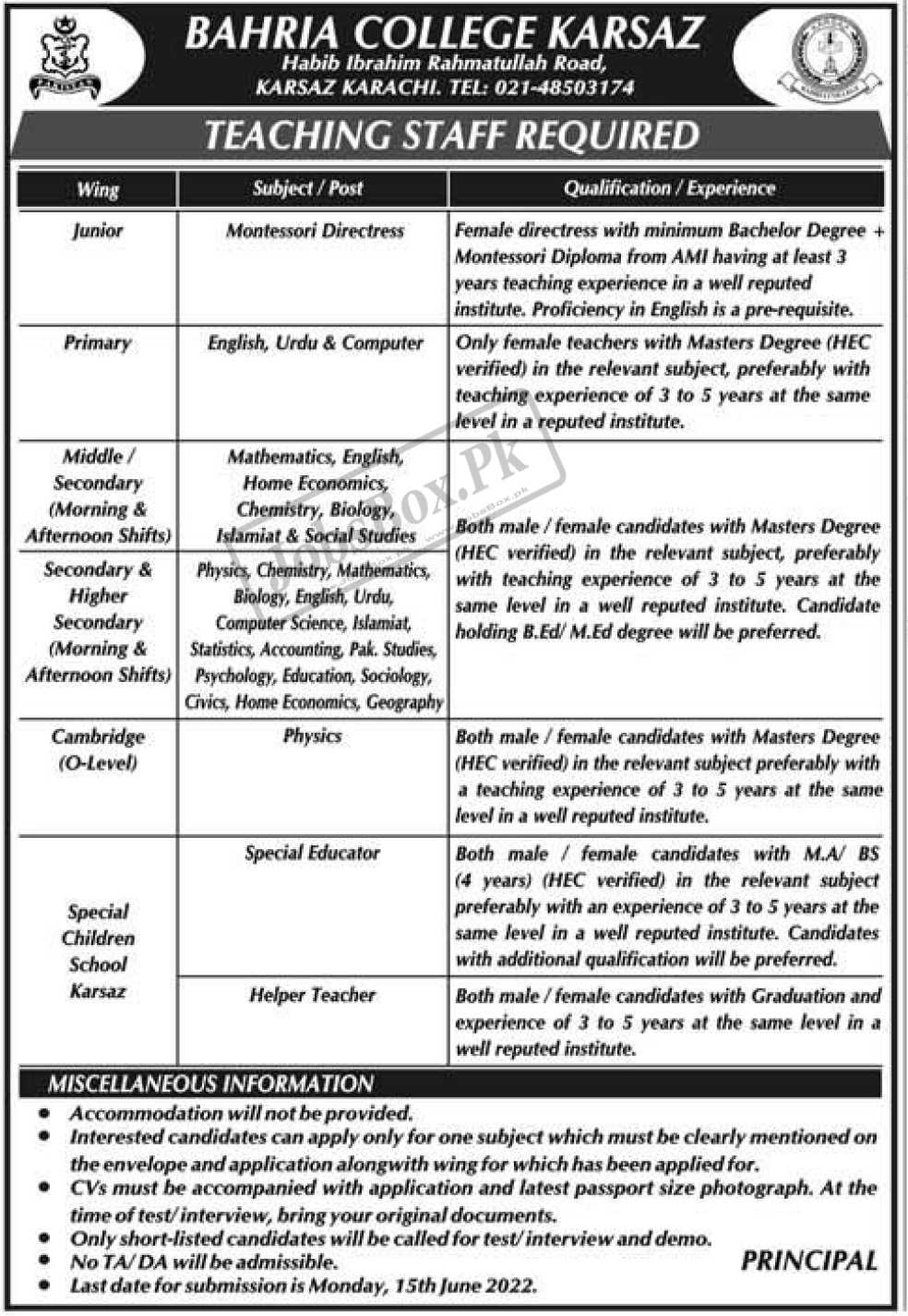 Bahria College Karsaz Karachi Jobs 2022 for Teachers