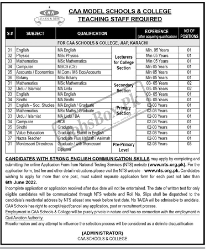 CAA Model Schools and College Karachi Jobs 2022 through NTS