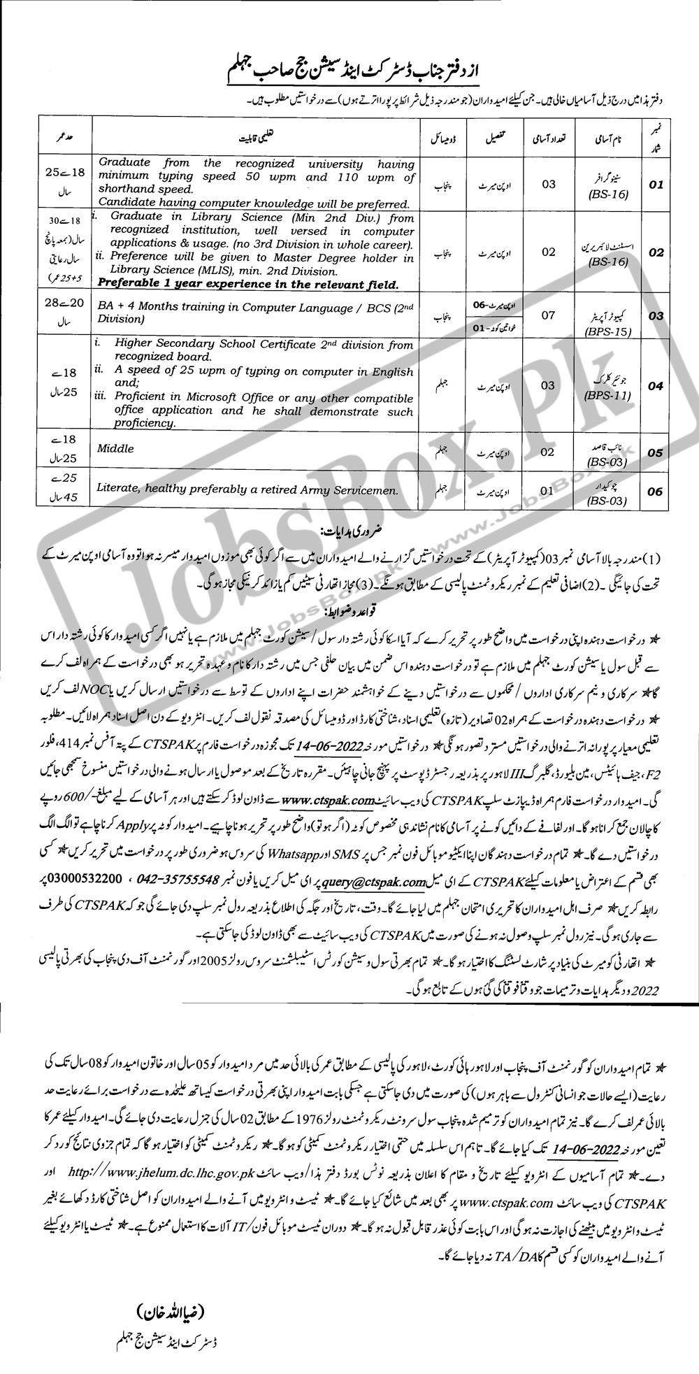 District and Session Courts Jhelum Jobs 2022 via CTS 