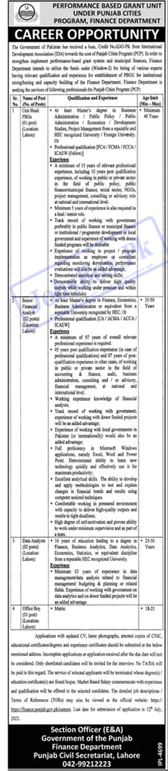 Finance Department Government of Punjab Jobs 2023 Latest Advertisement
