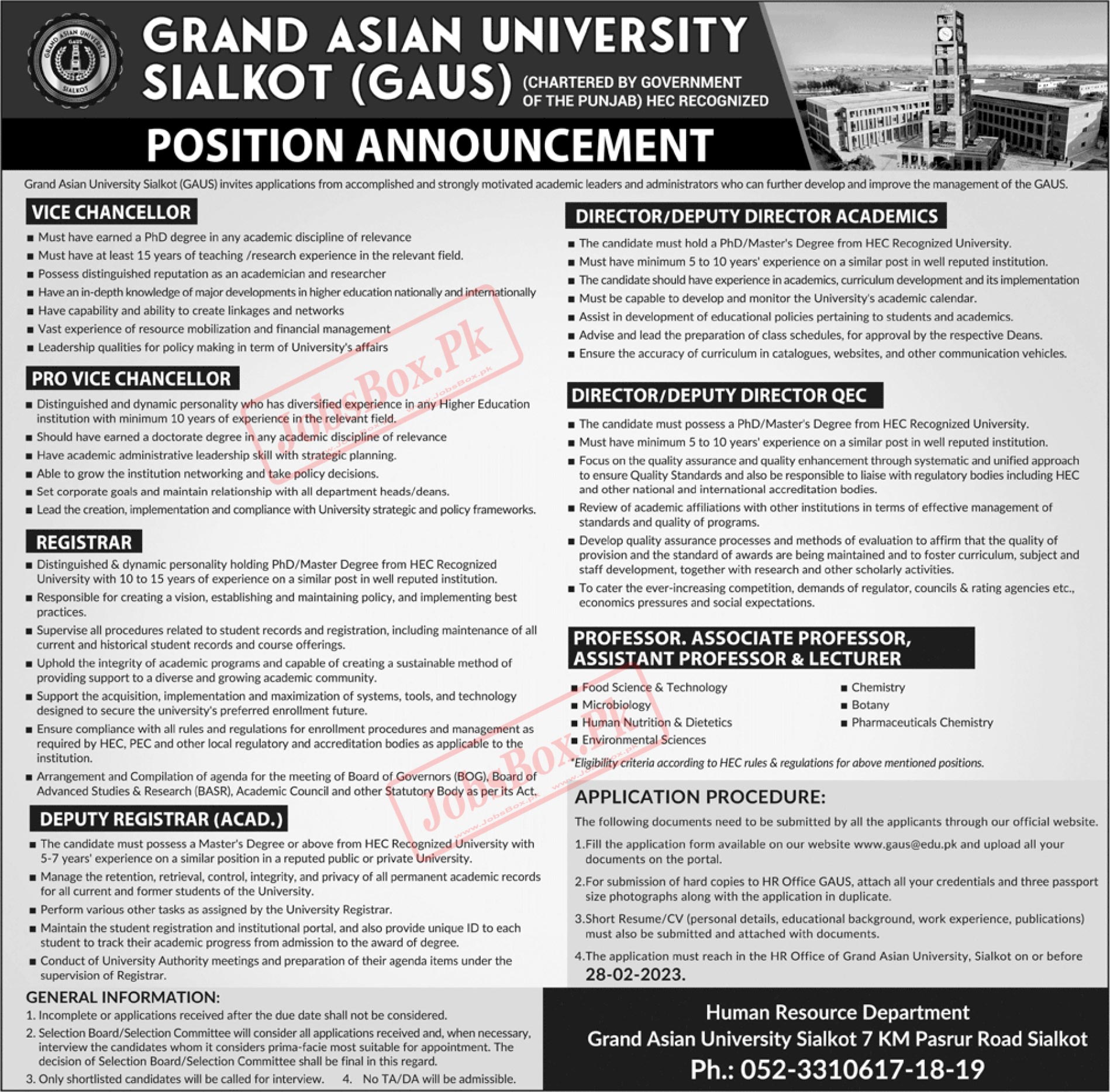 Grand Asian University Sialkot GAUS Jobs 2023 - Fill Online Form