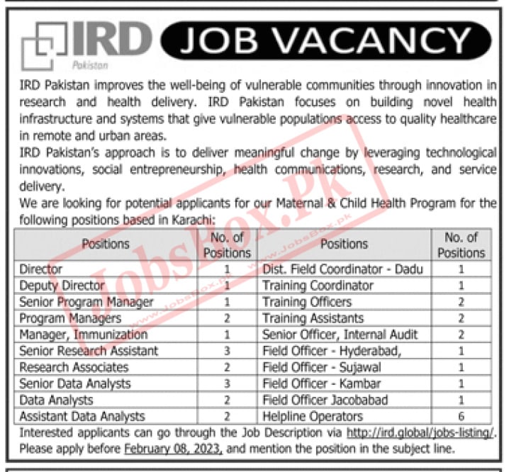 IRD Pakistan Jobs 2023 for Maternal & Child Health Program