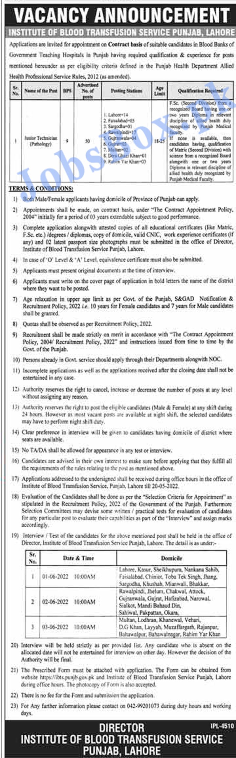 Institute Of Blood Transfusion Services Punjab Jobs 2022