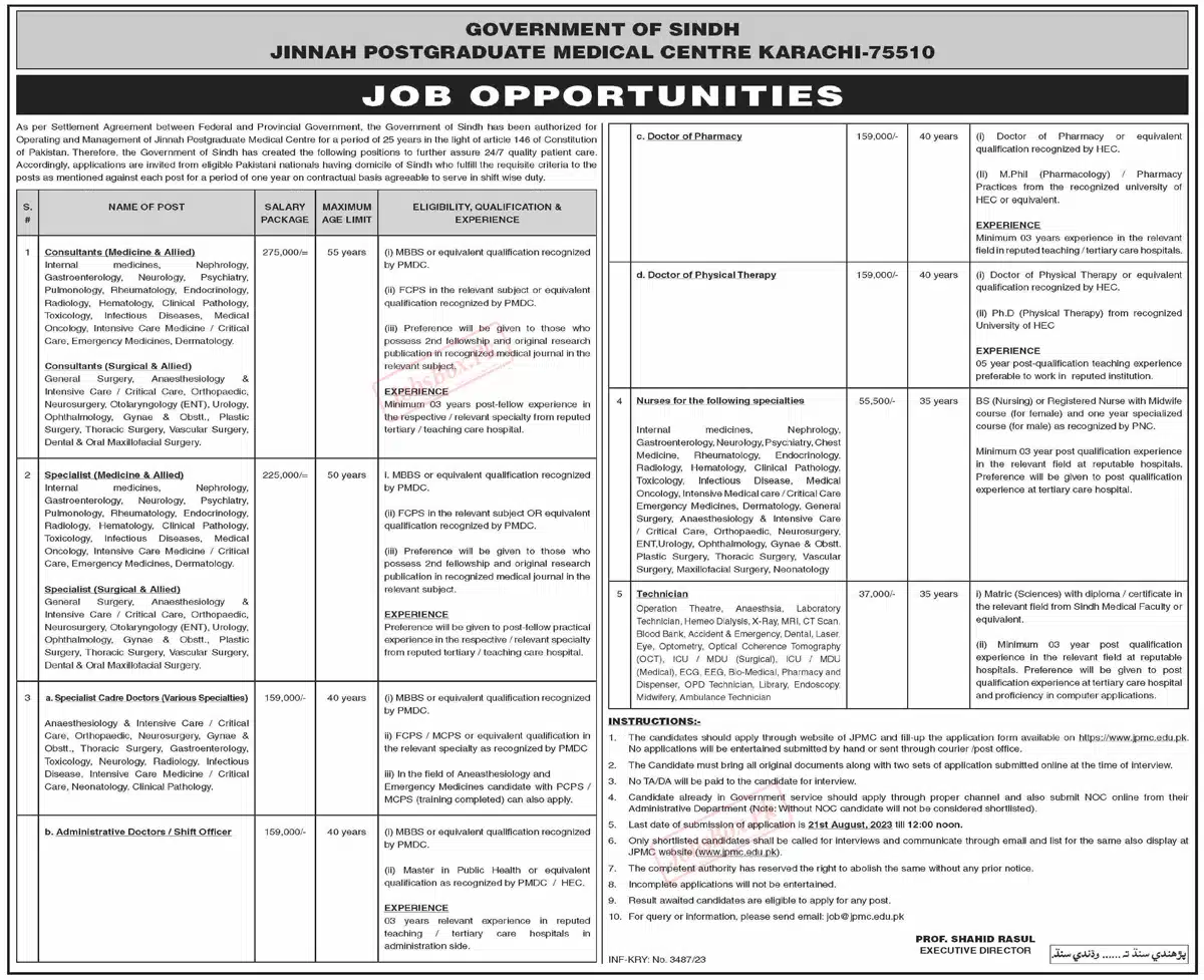 Jinnah Postgraduate Medical Centre JPMC Jobs 2023
