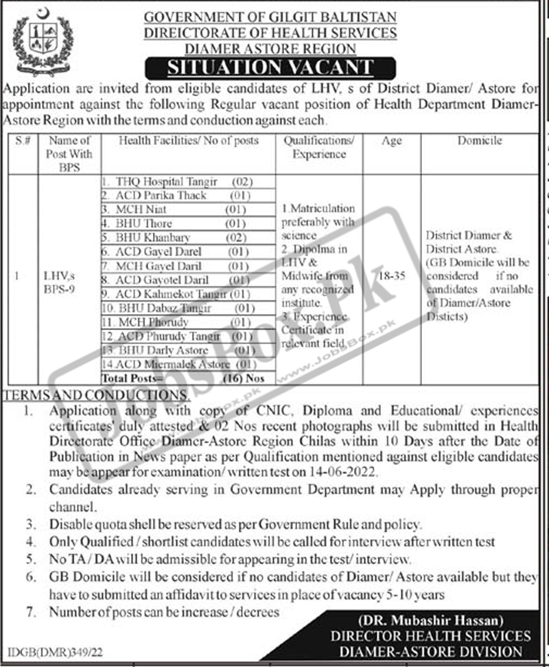 Lady Health Visitor LHV Jobs 2022 in Diamer & Astore