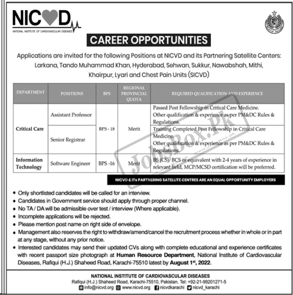 National Institute of Cardiovascular Diseases NICVD Jobs 2022 July Recruitment