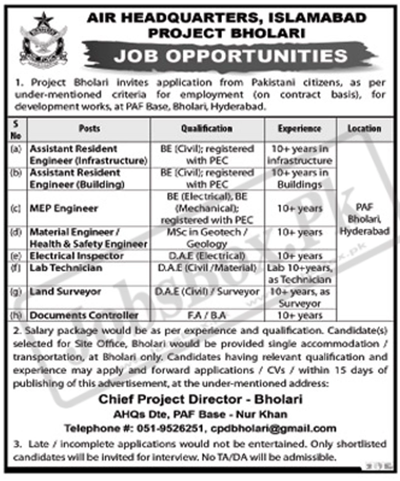 PAF Air Headquarters Islamabad Jobs 2022 in Bholari Project Hyderabad