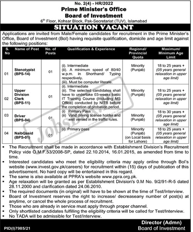 Prime Minister Office Board of Investment Jobs 2022 