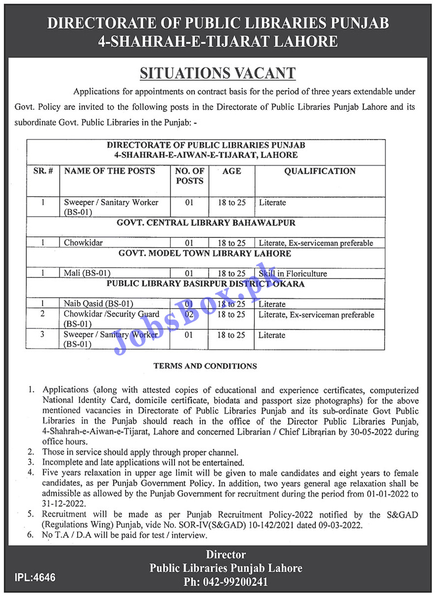Public Libraries Punjab Jobs 2022 Download Form