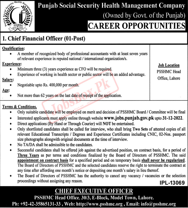 Punjab Social Security Health Management Company PSSHMC Jobs 2022 Latest