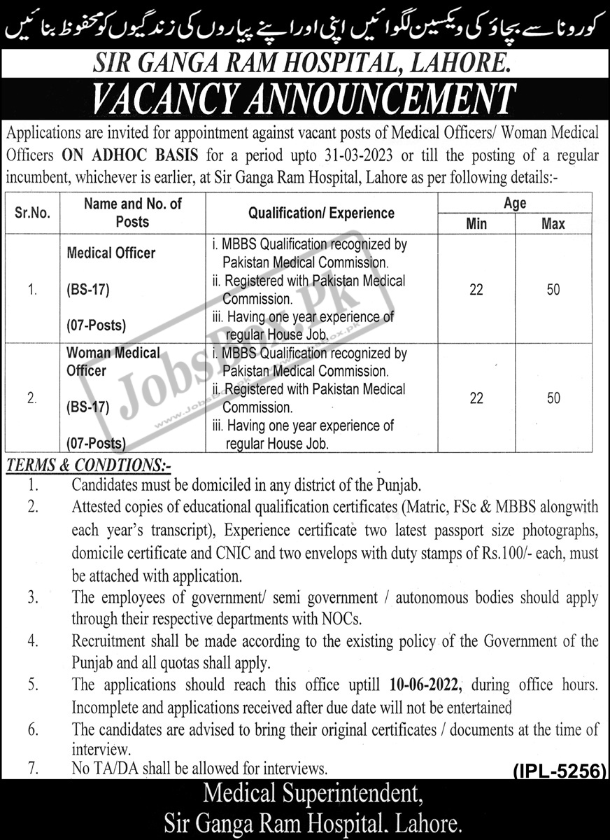 Sir Ganga Ram Hospital Lahore Jobs 2022 for Medical Officers