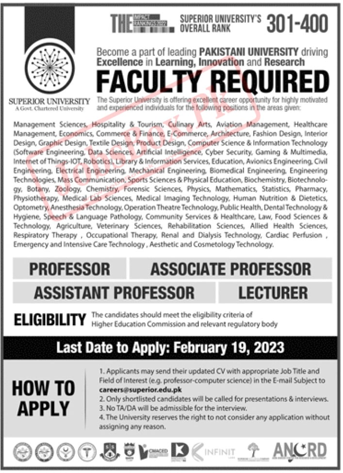 Superior University Lahore Jobs 2023 across Pakistan