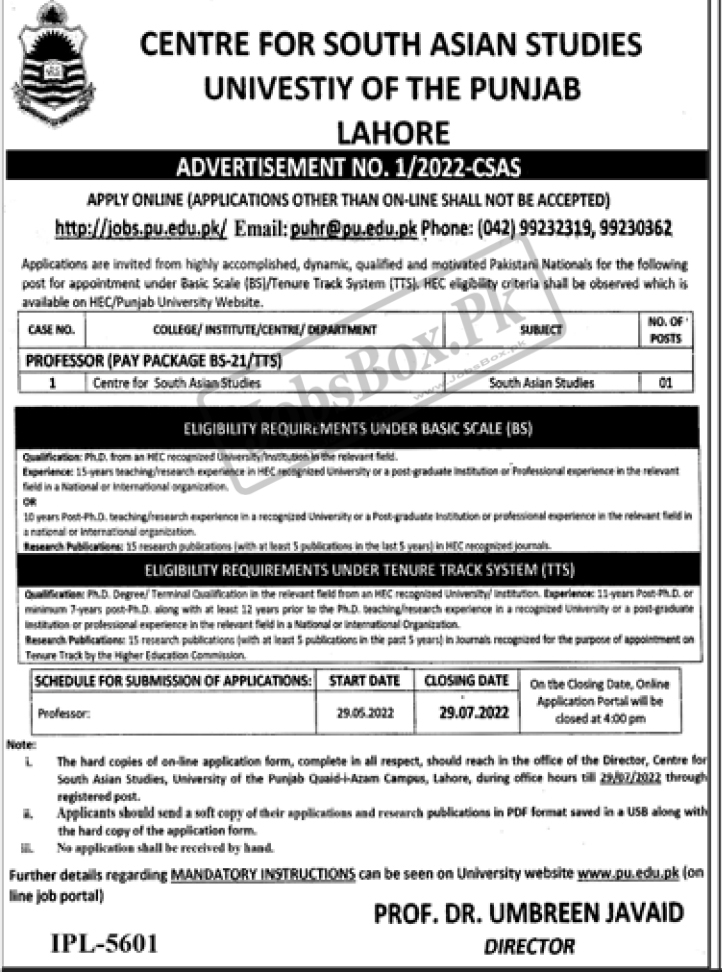 University of the Punjab PU Lahore Jobs May 2022 Ad No. 01