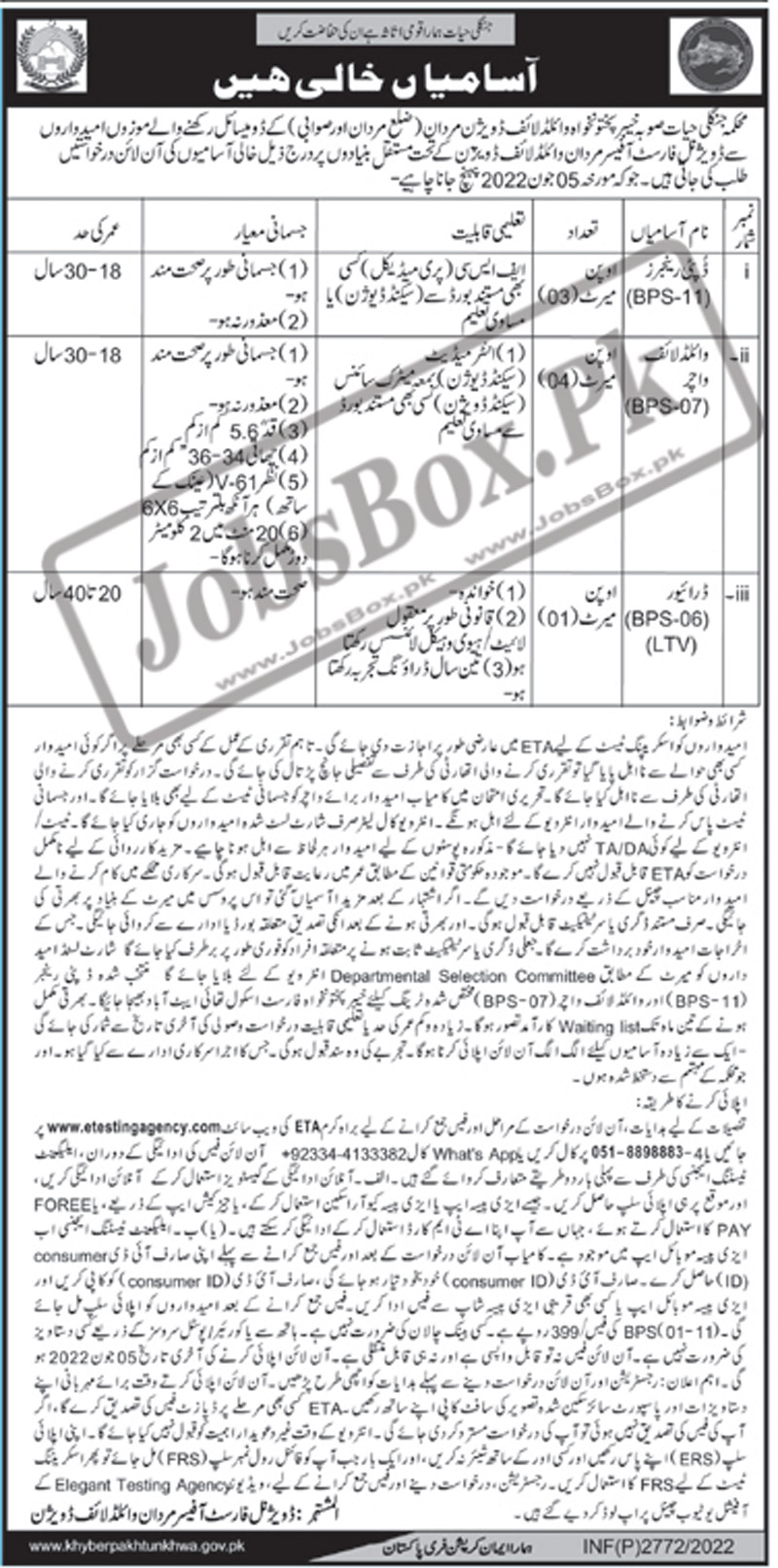 Wildlife Department KPK Mardan Division Jobs 2022