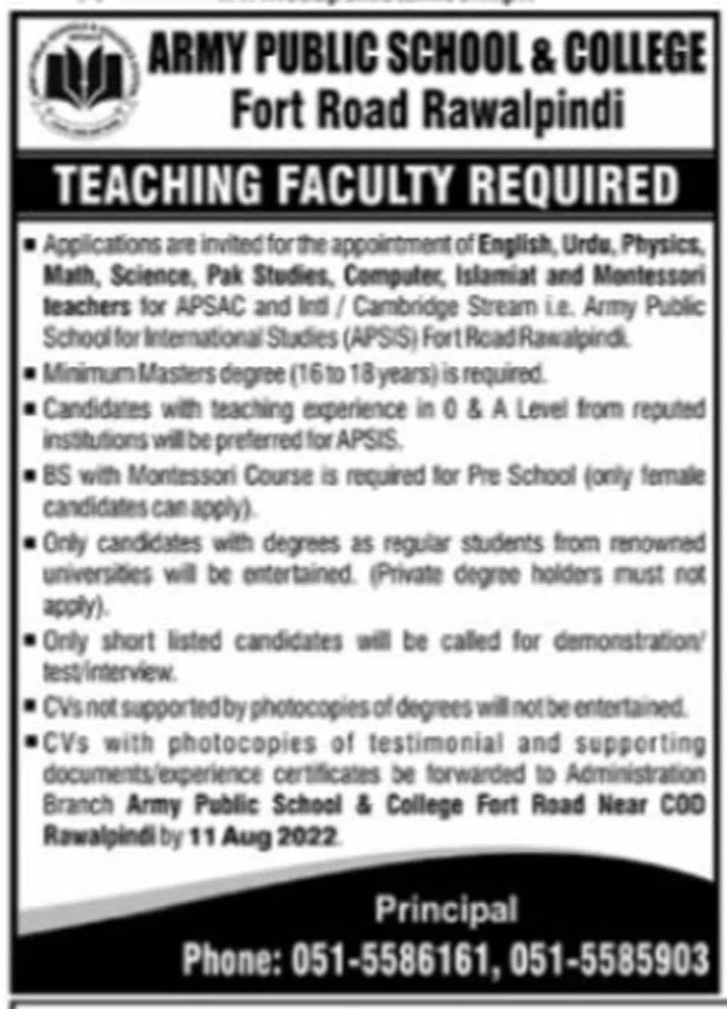 Army Public School APS & College Fort Road Rawalpindi Jobs 2022 New Vacancies