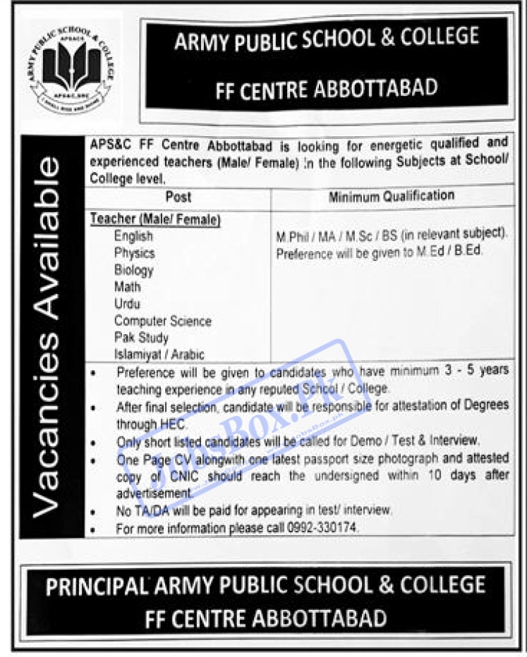Army Public School and College FF Centre Abbottabad Jobs 2022