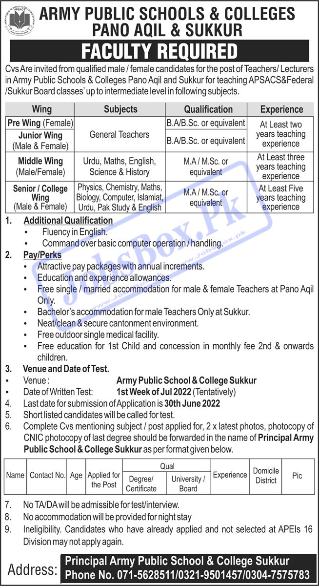 Army Public Schools & Colleges Jobs 2022 in Pano Aqil & Sukkur