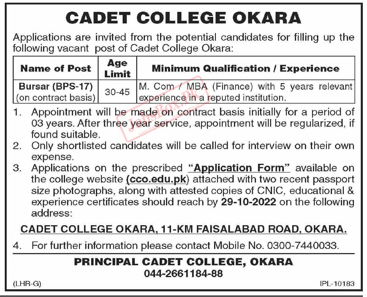 Cadet College Okara Jobs 2022 for Bursar - Download Form
