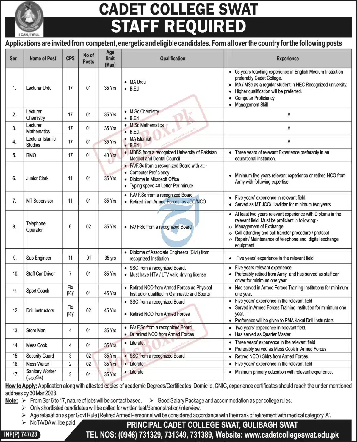 Cadet College Swat Jobs 2023 Teaching and Non-Teaching Staff