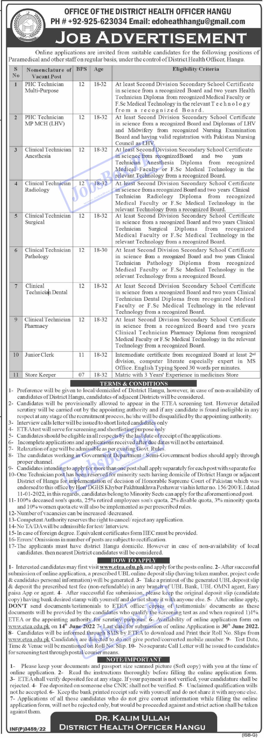 District Health Department Hangu Jobs 2022 - ETEA Online Applications