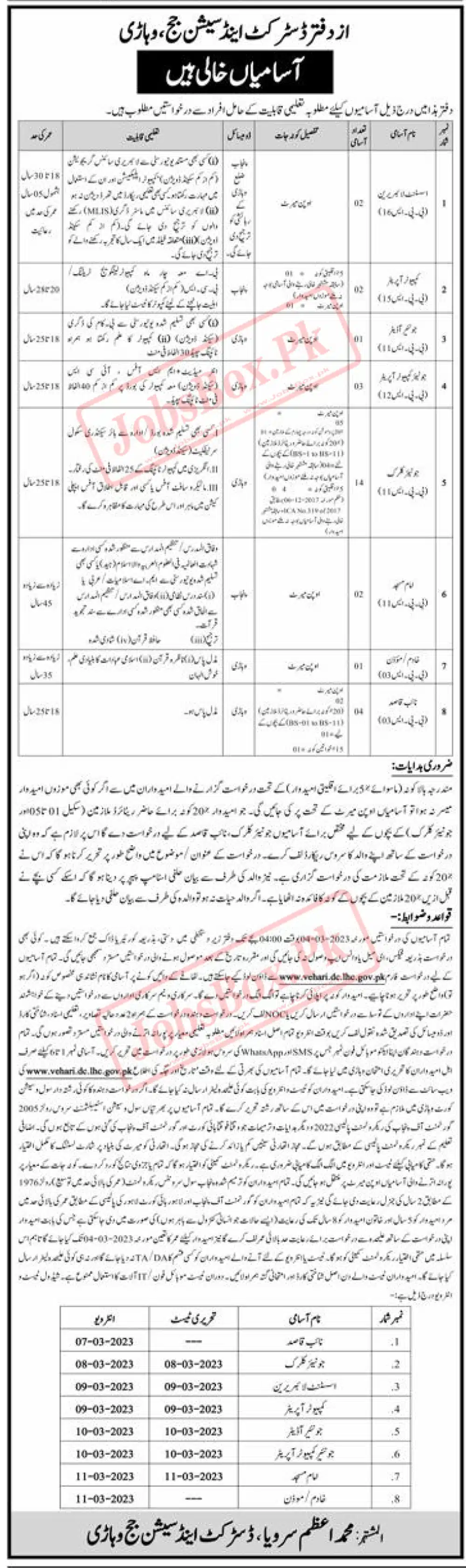 District and Session Courts Vehari Jobs 2023 