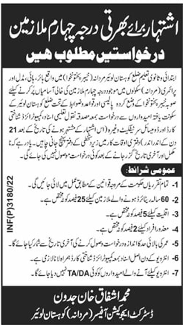 Education Department Kohistan Lower Jobs 2022 for Class IV