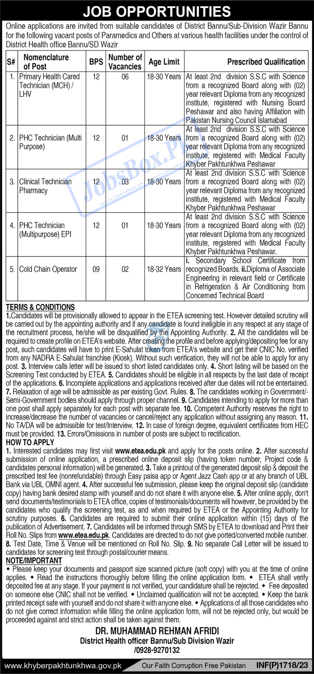 Health Department Sub Division Wazir Bannu Jobs 2023 Online Form